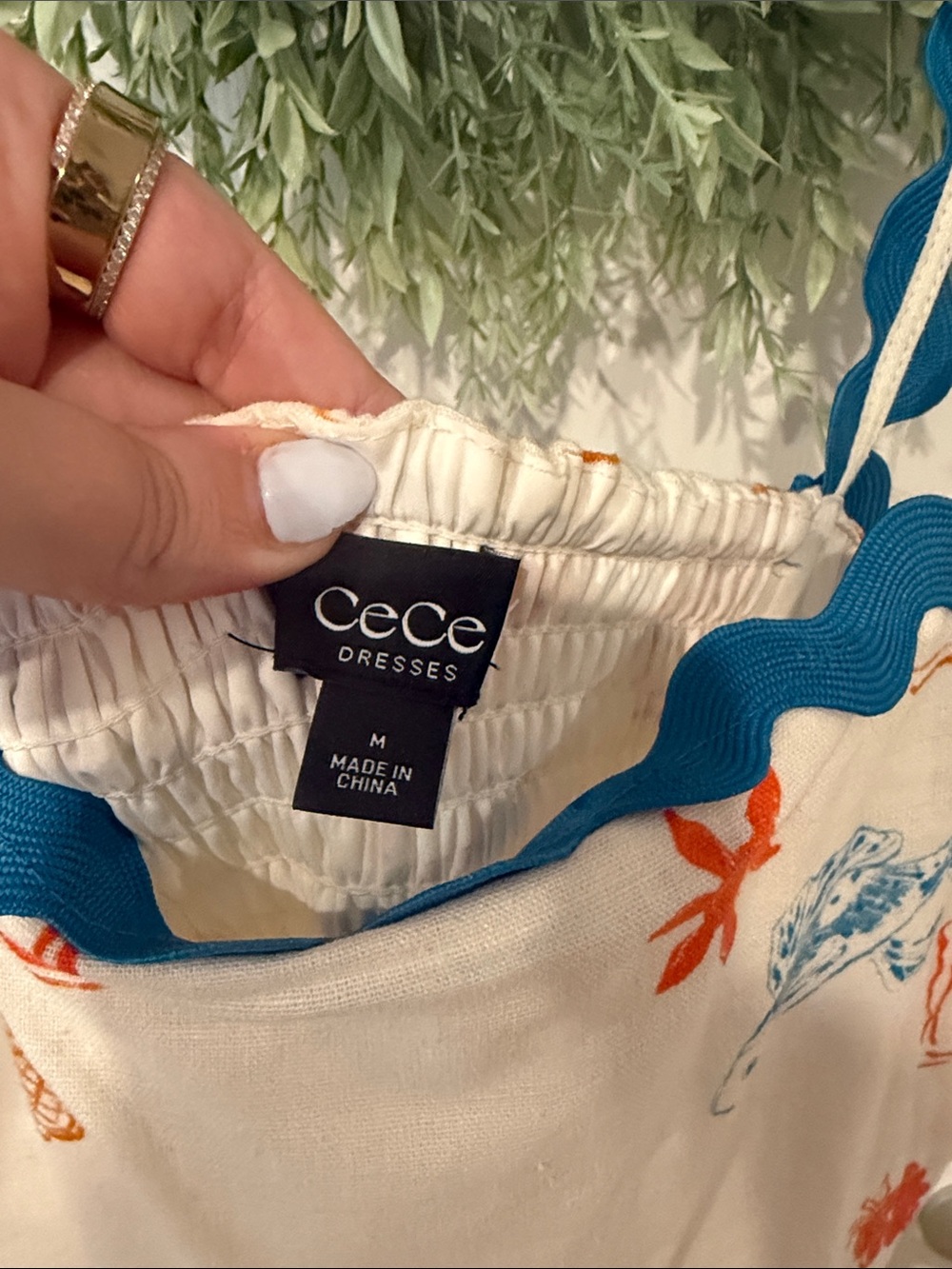 CeCe Cream Maxi Dress with Blue Trim and Orange Print - Picture 3 of 6